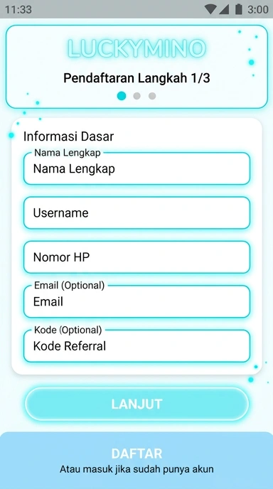 Tampilan halaman daftar luckymino